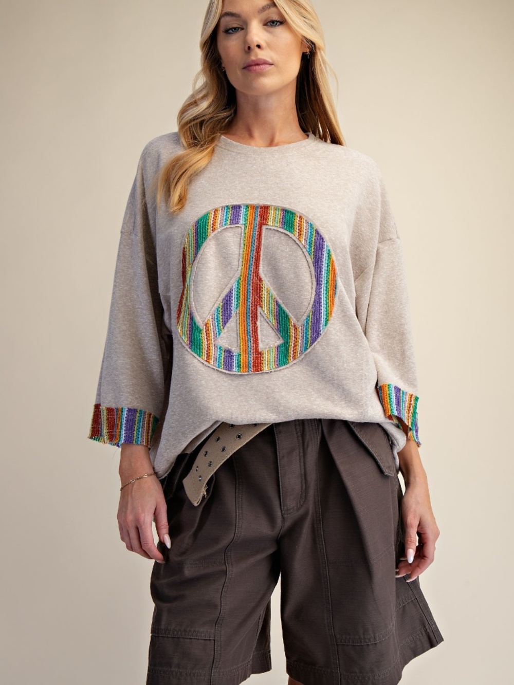 New Easel Peace Sign Patch Top Oatmeal Boho Oversized Raw Hem Shirt Top Cotton